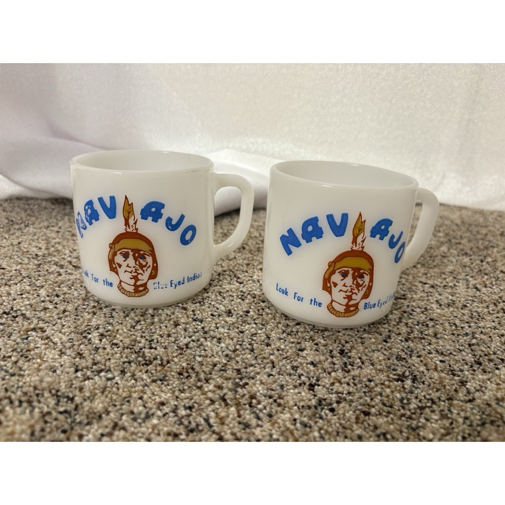 2 Vintage 1960's Navajo Freight Lines Look for Blue Eyed Indian Mug Milk Glass